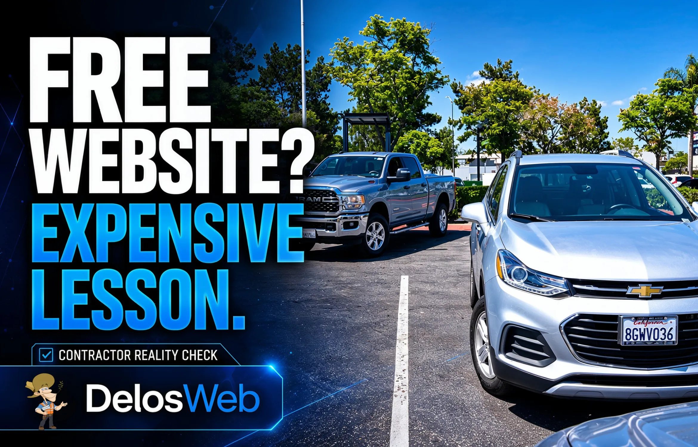DelosWeb comedy video thumbnail showing a free website becoming an expensive lesson for contractors who need a professional website