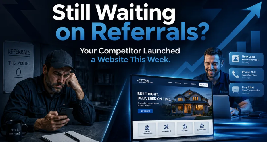 Contractor website redesign graphic showing a generic construction website upgraded into a modern professional lead generation website