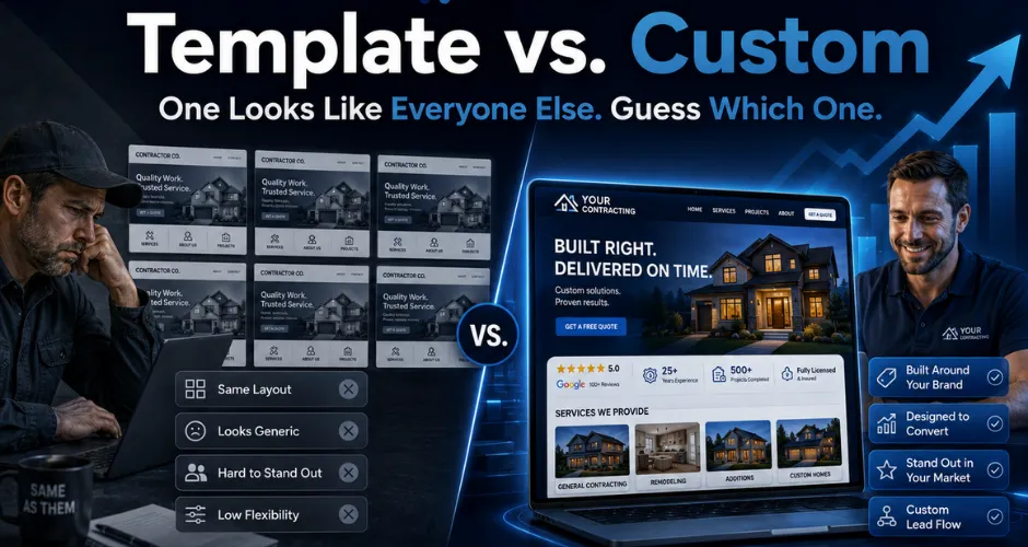 Template versus custom contractor website comparison showing a generic layout beside a branded website designed to convert leads