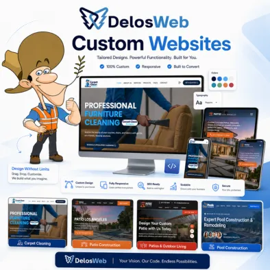 DelosWeb custom website design services showcasing responsive business websites across desktop, tablet, and mobile devices