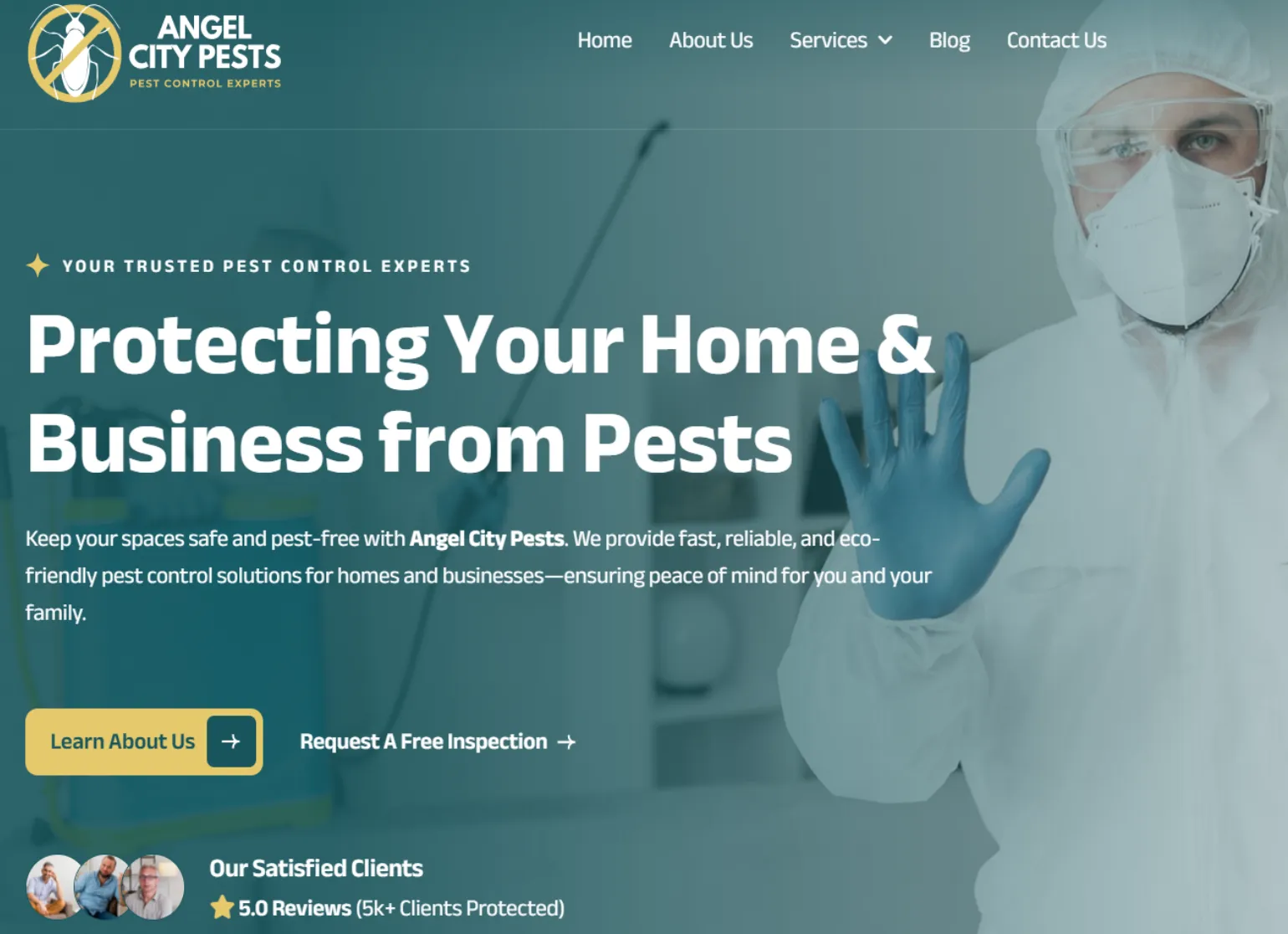 Ready-to-go pest control website design for Angel City Pests with professional hero section, service messaging, and customer trust elements