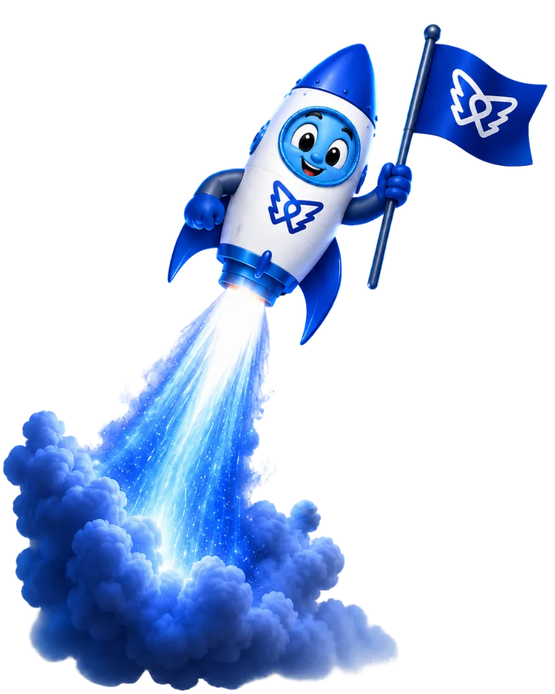 DelosWeb rocket mascot holding a flag, representing custom websites built to help businesses launch and grow online