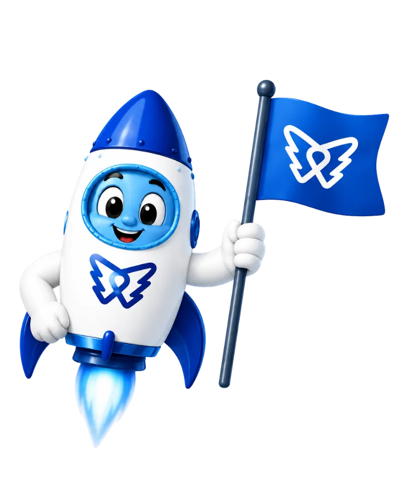 DelosWeb rocket mascot flying beside beauty website benefits