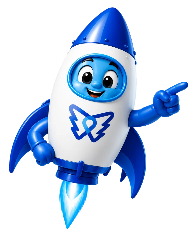 DelosWeb rocket mascot helping a business owner compare DIY and professional website options