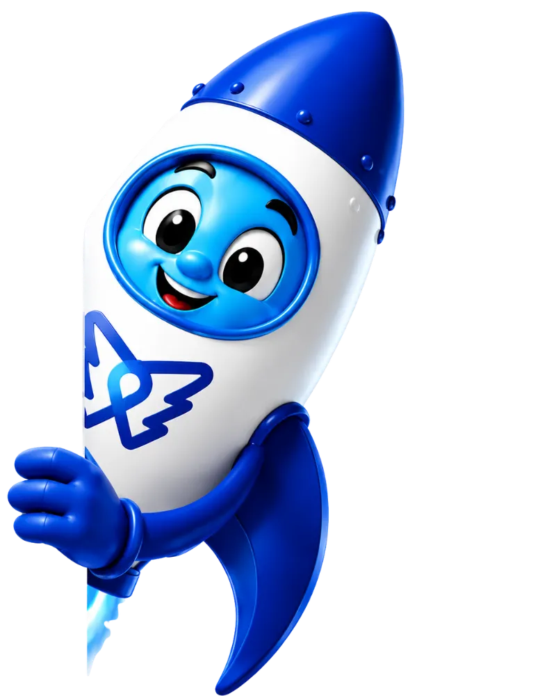 DelosWeb rocket mascot peeking from the side while holding onto a website consultation card