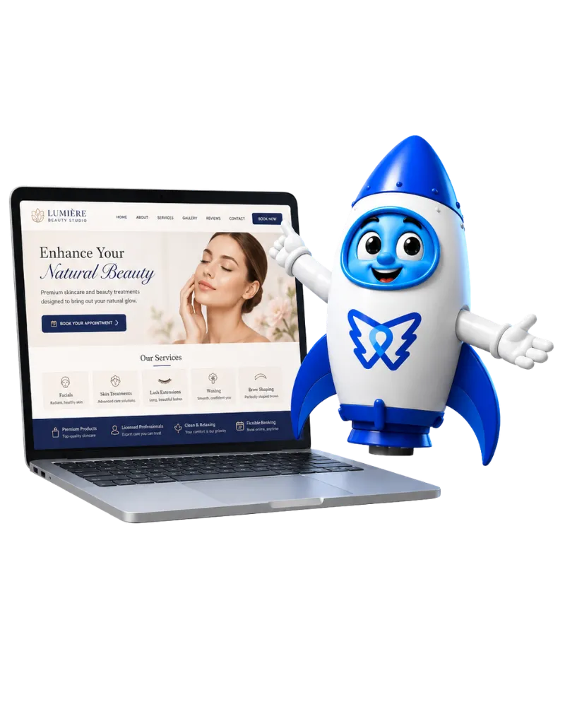 DelosWeb rocket mascot flying through a beauty website features section