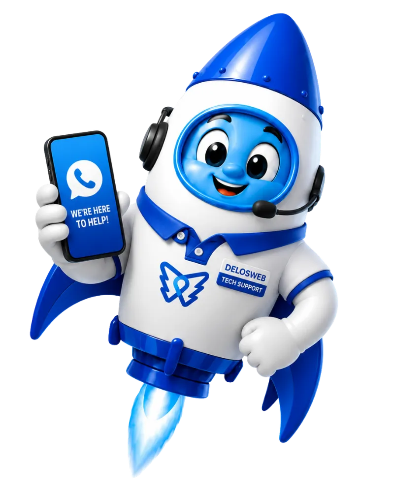 DelosWeb rocket mascot representing website communication support