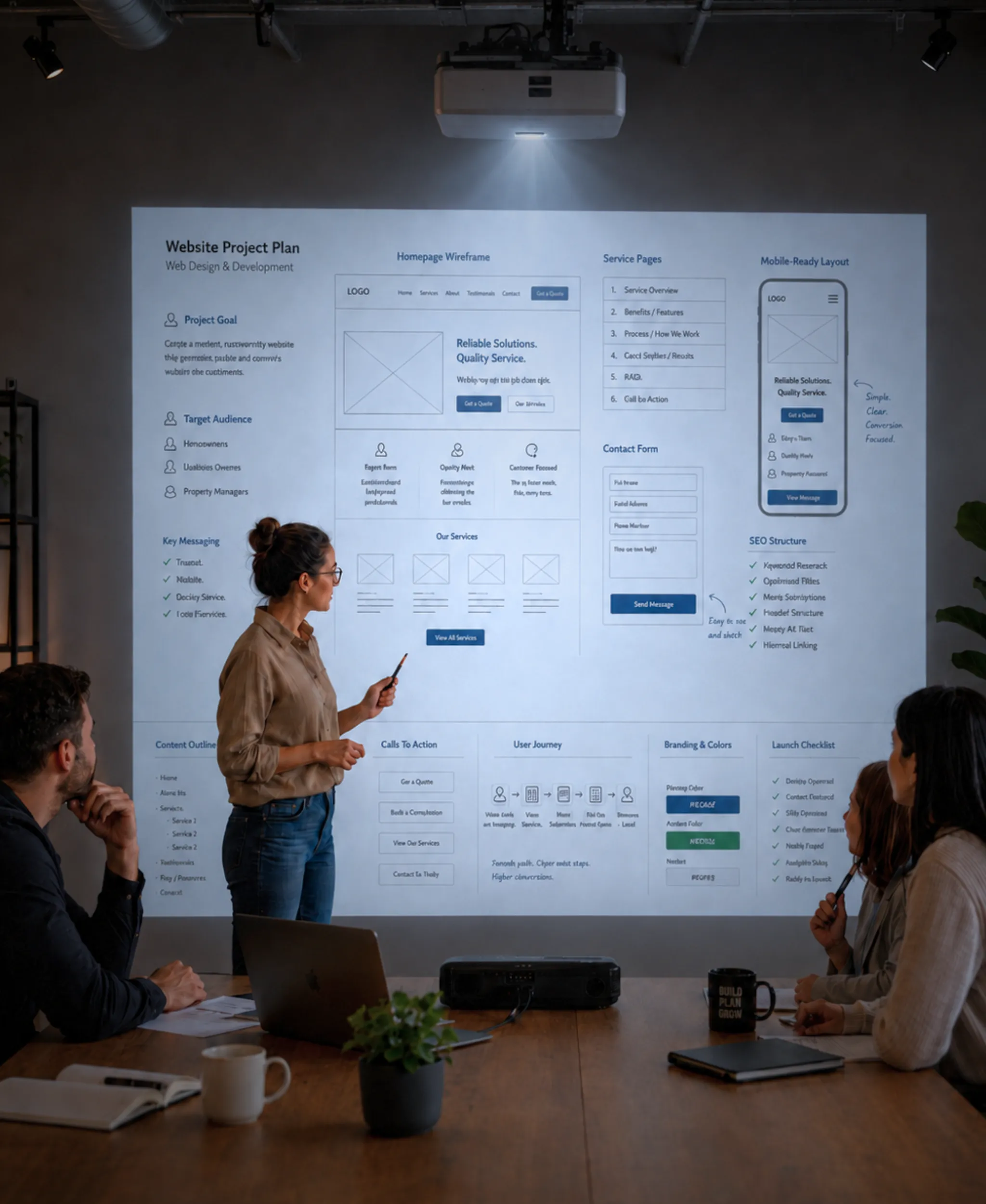 Website planning dashboard and team discussion for a service business website project